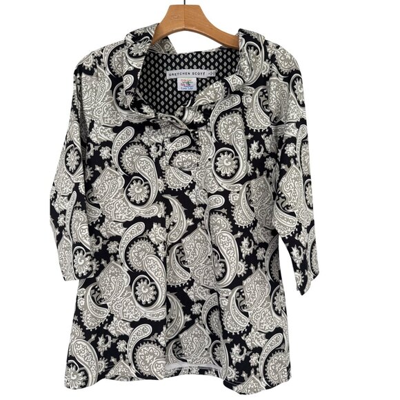 Gretchen Scott Womens Black beige Paisley Print Tunic Top scuba knitSize Large - Picture 1 of 3